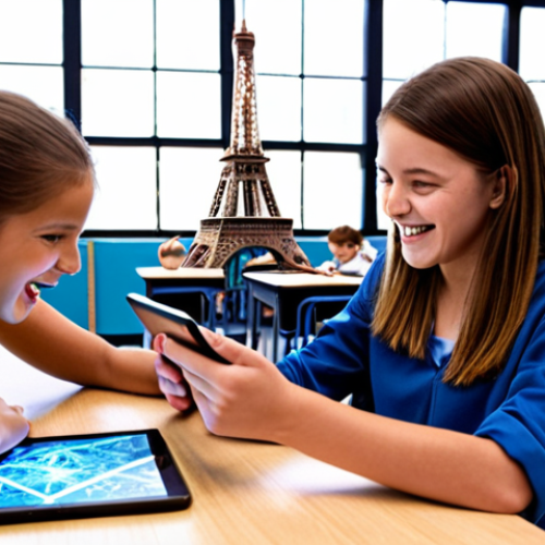 Home 15 **
A vibrant middle school classroom scene. Students are excitedly using tablets with augmented reality apps. They are exploring a 3D model of the Eiffel Tower superimposed onto their desks. The teacher is guiding them with a smile. The overall mood is engaging and futuristic.
**