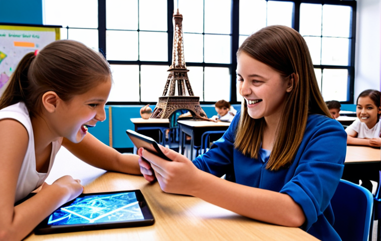 **
A vibrant middle school classroom scene. Students are excitedly using tablets with augmented reality apps. They are exploring a 3D model of the Eiffel Tower superimposed onto their desks. The teacher is guiding them with a smile. The overall mood is engaging and futuristic.
**