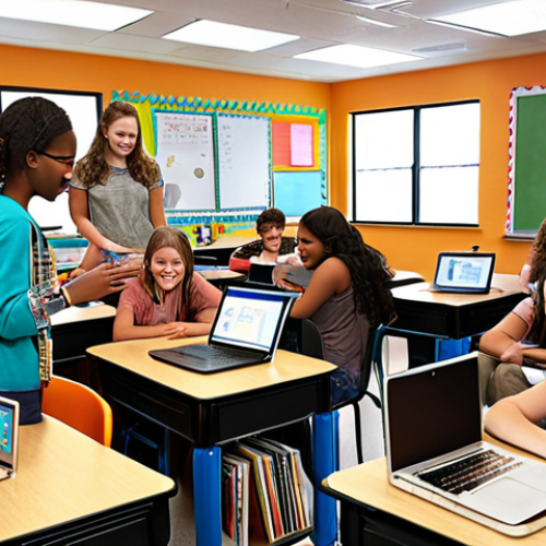 Home 14 Collaborative Classroom**
A vibrant middle school classroom scene with students working together in small groups. Some are using laptops, others are discussing ideas, and the teacher is facilitating. Emphasize teamwork, communication, and a positive, supportive learning environment. Focus on diverse students engaged and happy.
**