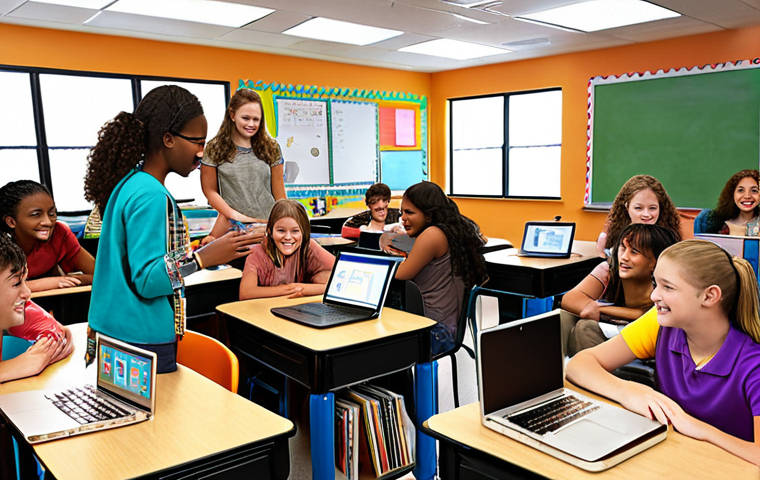 Collaborative Classroom**
A vibrant middle school classroom scene with students working together in small groups. Some are using laptops, others are discussing ideas, and the teacher is facilitating. Emphasize teamwork, communication, and a positive, supportive learning environment. Focus on diverse students engaged and happy.
**