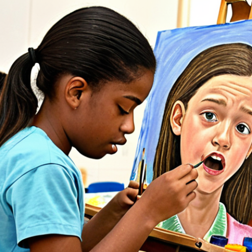 Home 7 **
"Middle school students participating in an art workshop, expressing emotions through painting and drawing. The scene is vibrant and colorful, showcasing diverse artistic creations. Focus on the therapeutic aspect of art and the students' engagement."
**