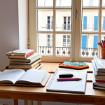 A brightly lit, meticulously organized study desk in a student's room. The desk is clear of clutter, featuring neatly stacked textbooks, a clean notebook, and essential writing tools. Natural light floods the space, possibly through a window revealing a soft, blurred background of Parisian rooftops or a charming French village. A clearly visible study planner or calendar lays open, showing well-structured revision blocks. The overall atmosphere is one of serene focus and meticulous preparation, emphasizing a distraction-free and comfortable learning environment.