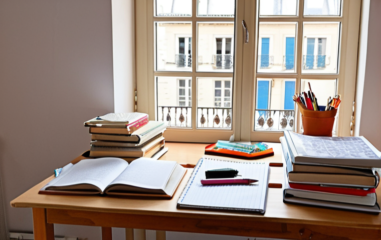 A brightly lit, meticulously organized study desk in a student's room. The desk is clear of clutter, featuring neatly stacked textbooks, a clean notebook, and essential writing tools. Natural light floods the space, possibly through a window revealing a soft, blurred background of Parisian rooftops or a charming French village. A clearly visible study planner or calendar lays open, showing well-structured revision blocks. The overall atmosphere is one of serene focus and meticulous preparation, emphasizing a distraction-free and comfortable learning environment.