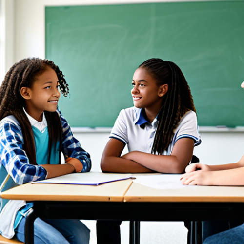 **

"A diverse group of middle school students participating in a peer mediation workshop in a bright, modern classroom, fully clothed, appropriate attire, safe for work, perfect anatomy, natural proportions, family-friendly, focus on teamwork and positive communication, realistic rendering, high quality."

**