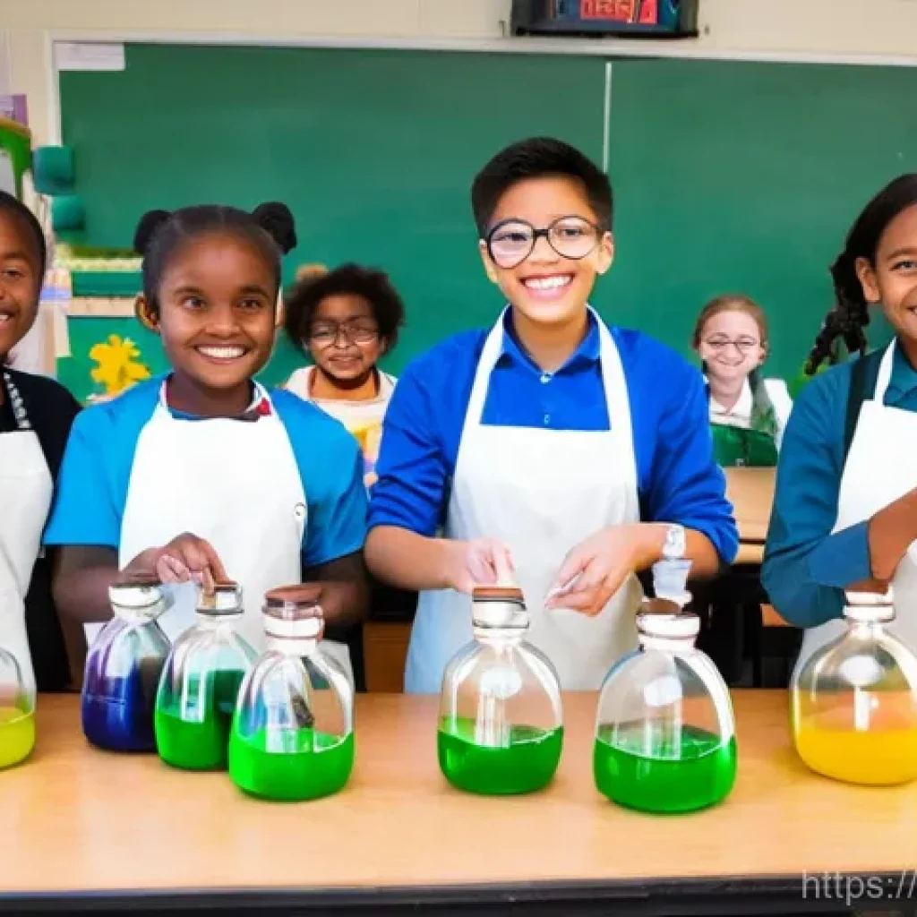 중학교 과학 실험 지도 - **Prompt 1: Classroom Chemistry Adventure**
"A vibrant, brightly lit classroom transformed into ...