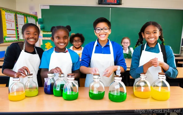 중학교 과학 실험 지도 - **Prompt 1: Classroom Chemistry Adventure**
    "A vibrant, brightly lit classroom transformed into ...