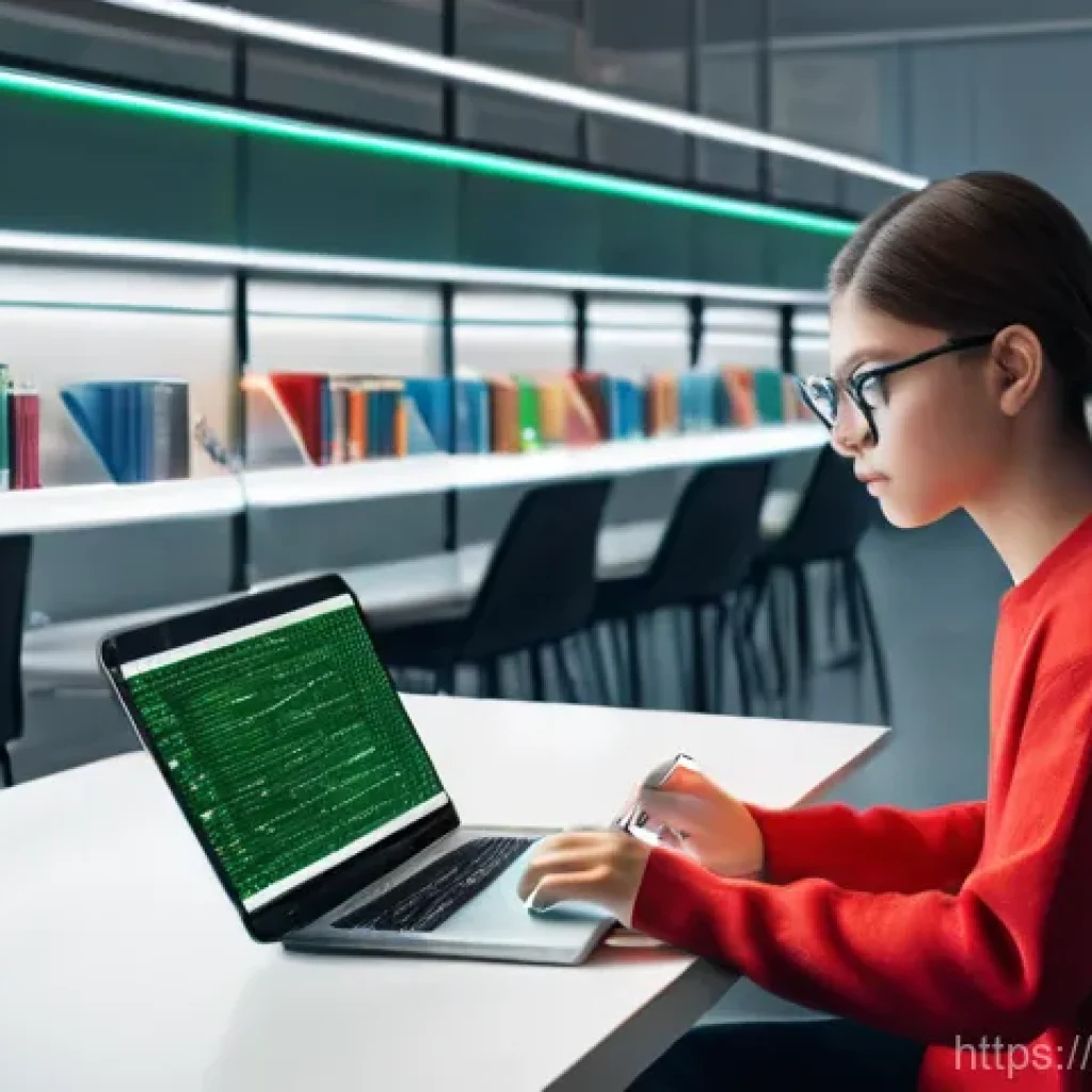 중학교 정보 검색 수업 - **Prompt:** A discerning teenage student, dressed in comfortable modern casual wear, is seated at a ...