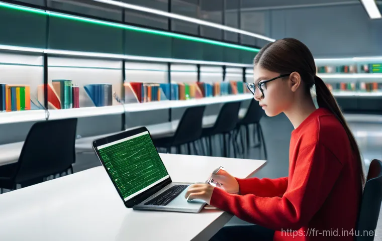 중학교 정보 검색 수업 - **Prompt:** A discerning teenage student, dressed in comfortable modern casual wear, is seated at a ...