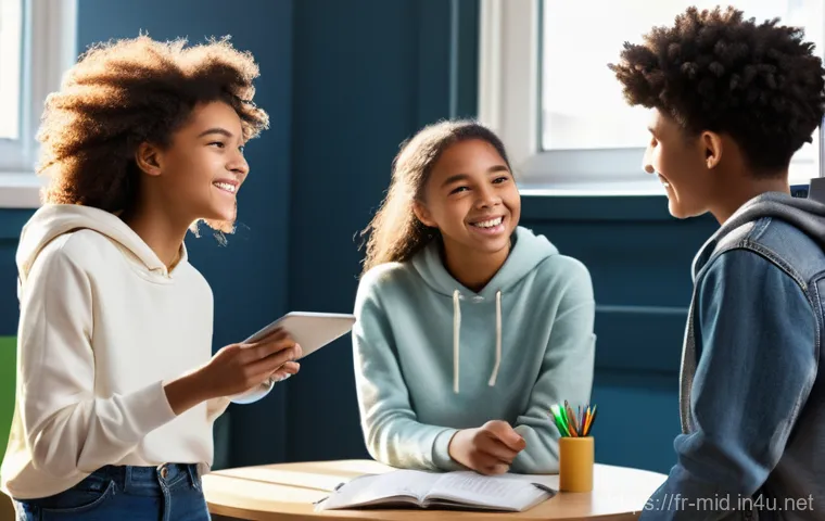 중학교 평가 방법 - **Prompt:** A diverse group of four teenage students (two girls and two boys), all dressed in fashio...