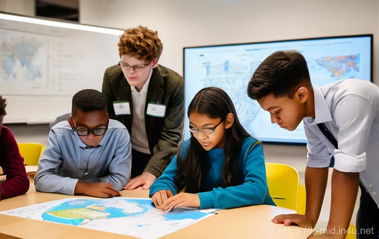 중학교 글로벌 교육 비교 - A bustling high school common area or large multi-purpose room during an after-school club fair, fil...
