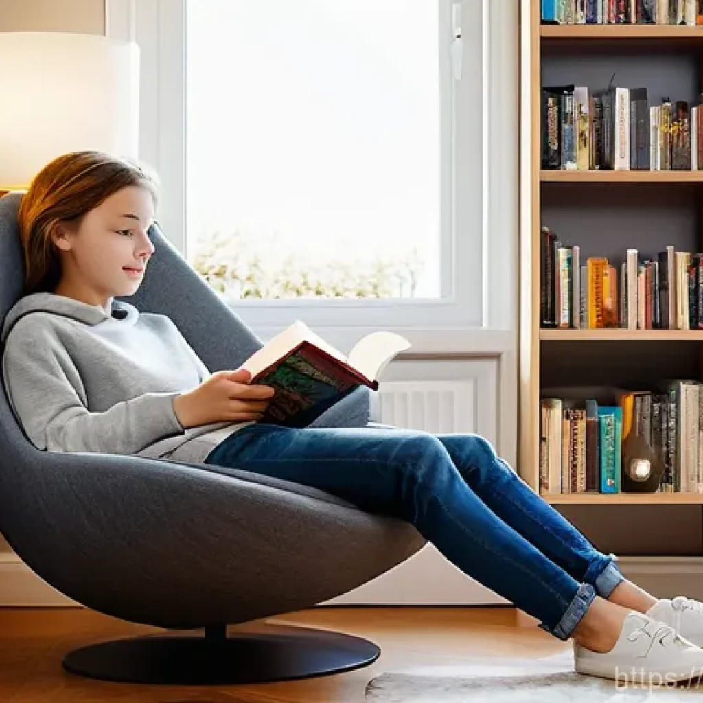 중학교 독서 교육 - **Prompt:** A cozy and inviting reading nook in a modern French home. A teenager (around 15 years ol...
