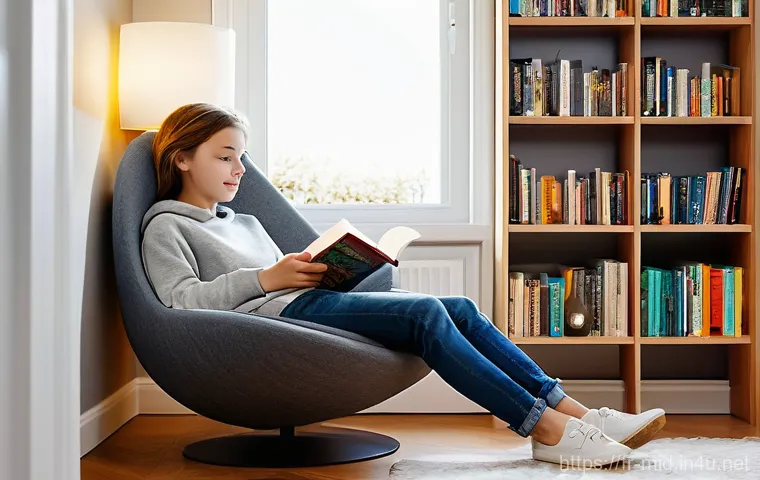 중학교 독서 교육 - **Prompt:** A cozy and inviting reading nook in a modern French home. A teenager (around 15 years ol...