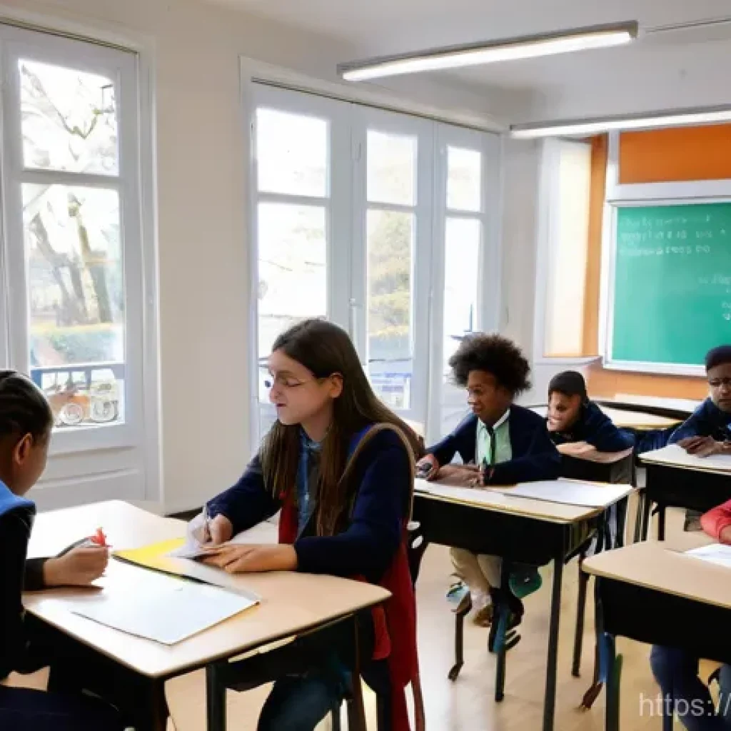 중학교 AI 기반 학습 분석 - **Prompt:** A modern French middle school (collège) classroom bustling with activity during an AI-en...