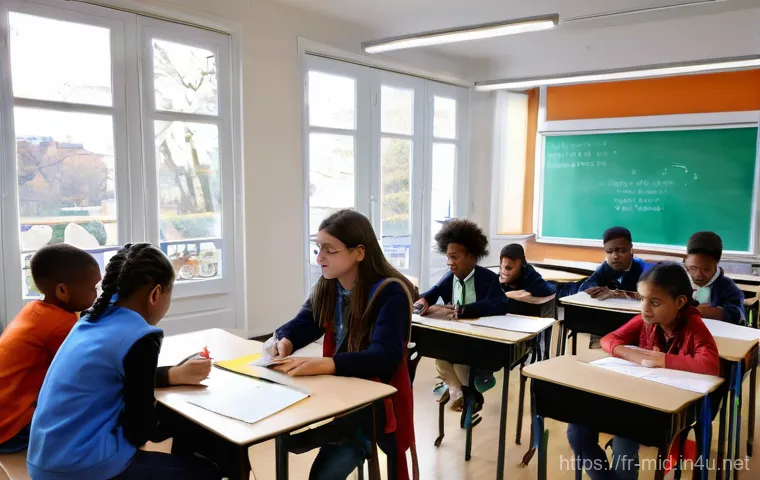 중학교 AI 기반 학습 분석 - **Prompt:** A modern French middle school (collège) classroom bustling with activity during an AI-en...