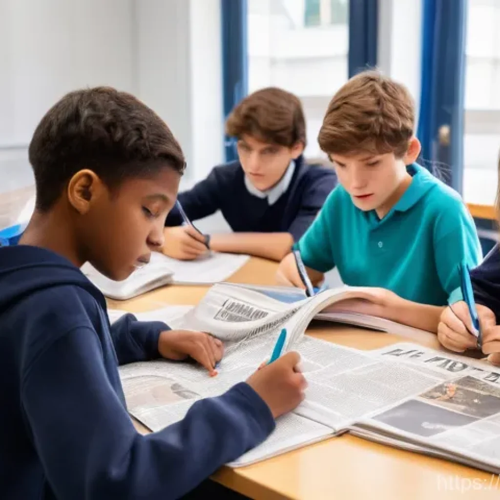 중학교 신문 활용 교육 - A group of diverse French middle school students, aged 12-14, are gathered around a large table in a...