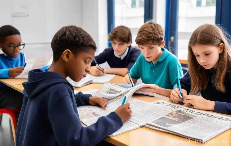 중학교 신문 활용 교육 - A group of diverse French middle school students, aged 12-14, are gathered around a large table in a...