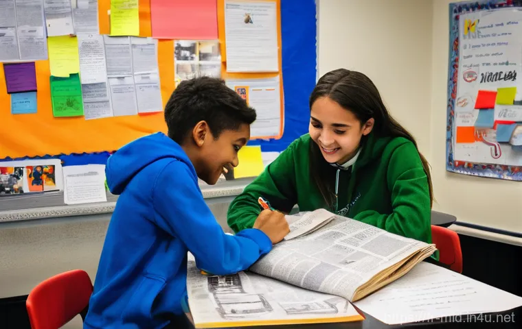중학교 신문 활용 교육 - A thoughtful French middle school student, approximately 13 years old, sits by a window in a cozy, s...