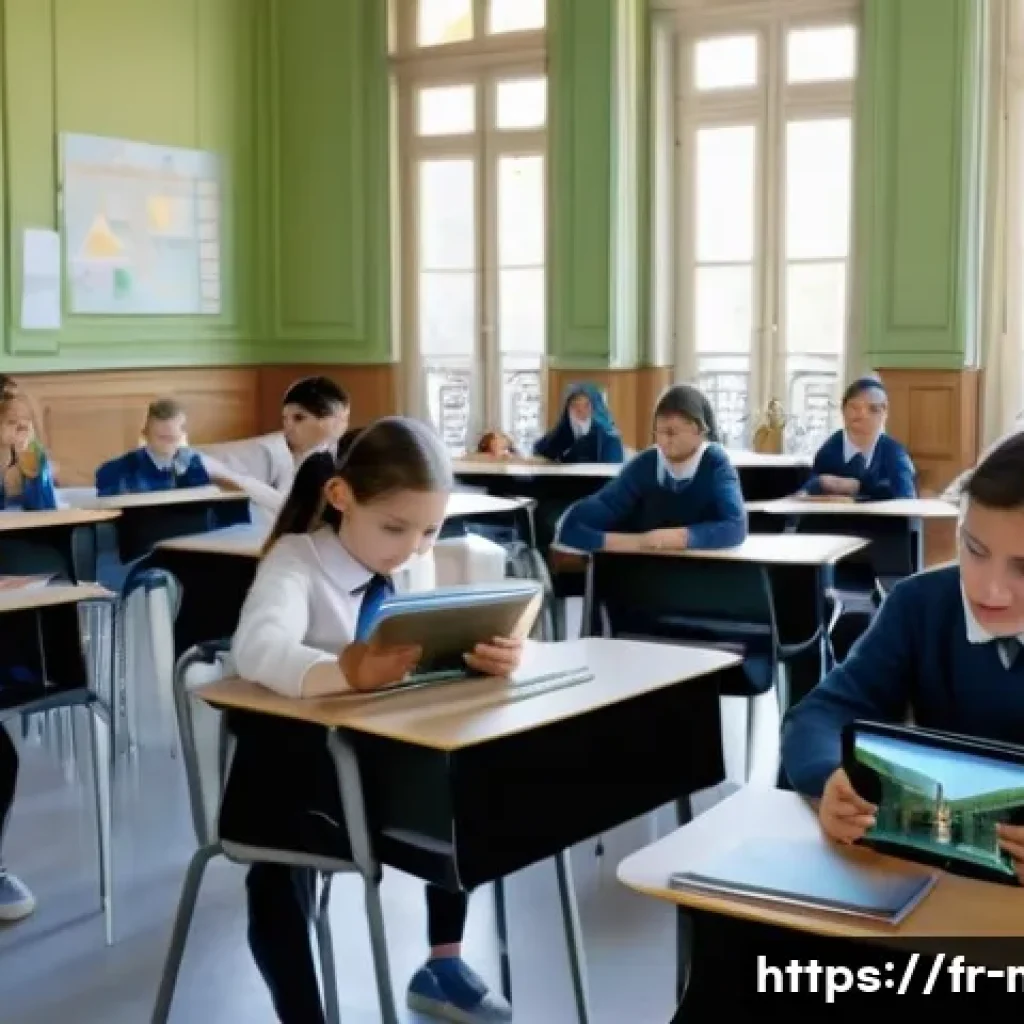 중학교 AR 교육 적용 - **Prompt:** A bright and airy middle school classroom in France. A female teacher, mid-30s, with kin...