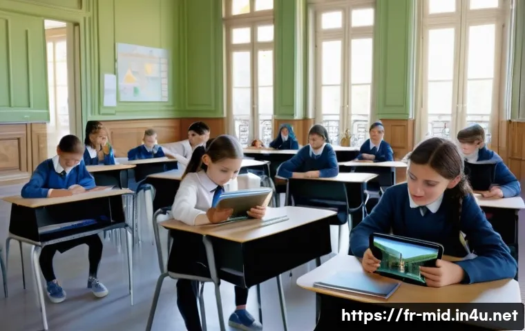 중학교 AR 교육 적용 - **Prompt:** A bright and airy middle school classroom in France. A female teacher, mid-30s, with kin...
