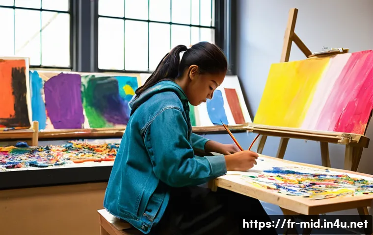 중학교 예술 교육 - **Prompt: "A Voyage of Inner Creativity in a College Art Studio"**
A vibrant, sunlit college art...