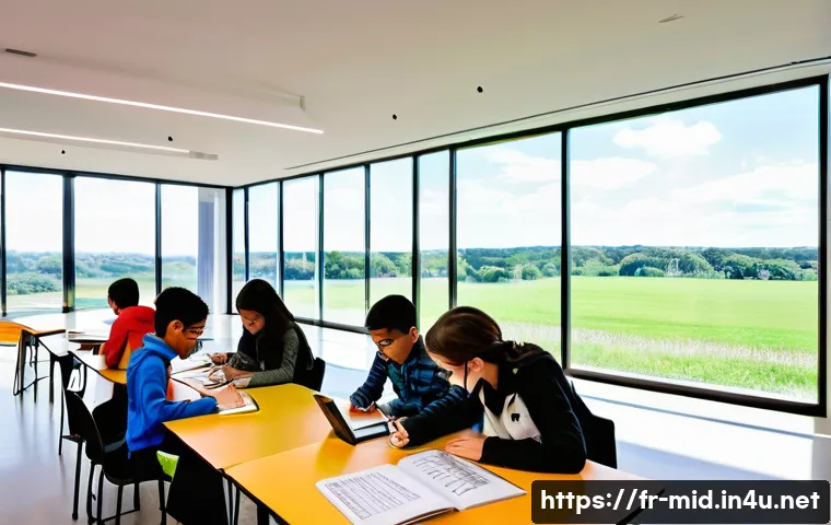 중학교 융합 교육 - **Interconnected Learning Environment:**
    "A vibrant and modern open-plan classroom filled with n...
