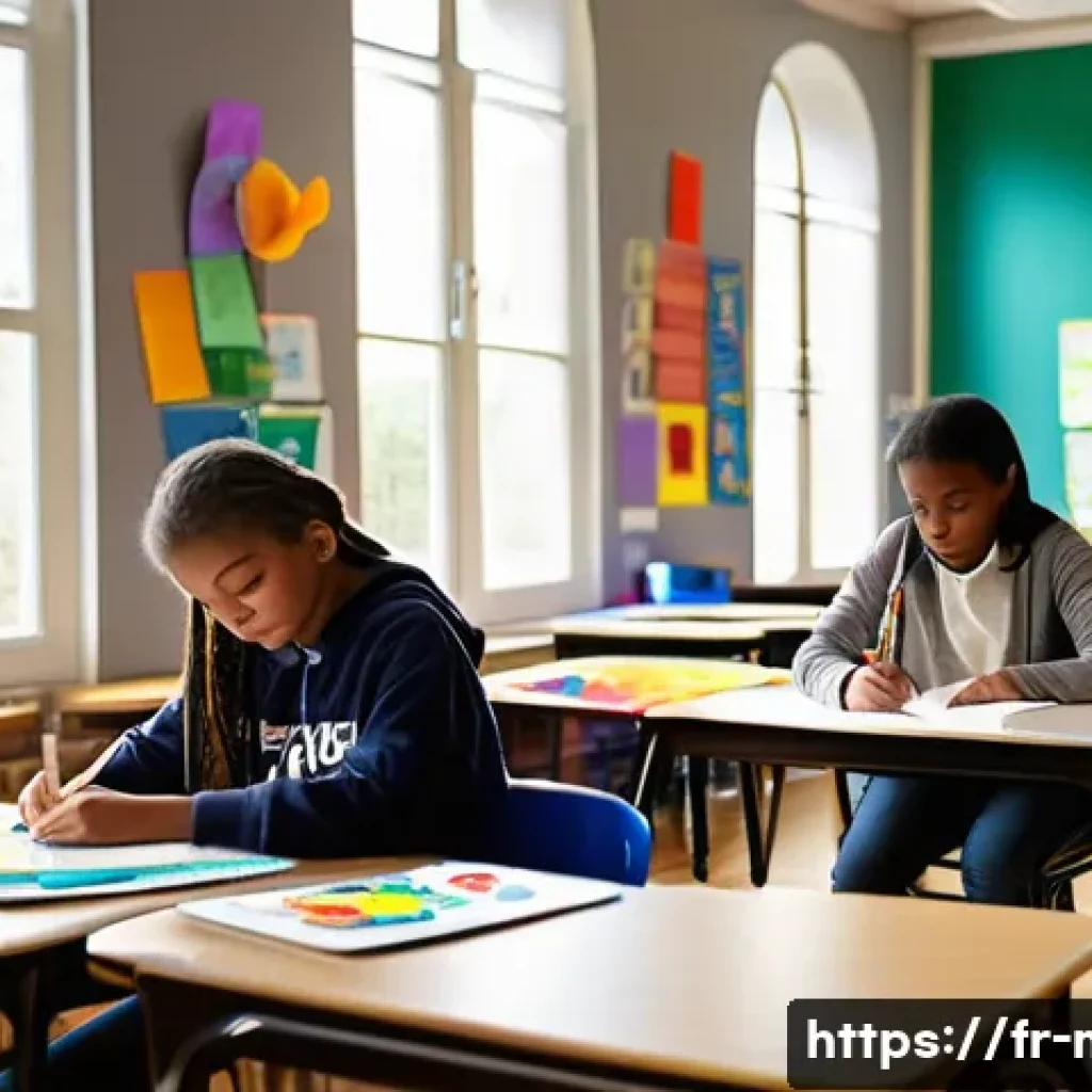 중학교 창의력 향상 프로그램 - A vibrant classroom scene in a modern French middle school, featuring diverse students engaged in cr...