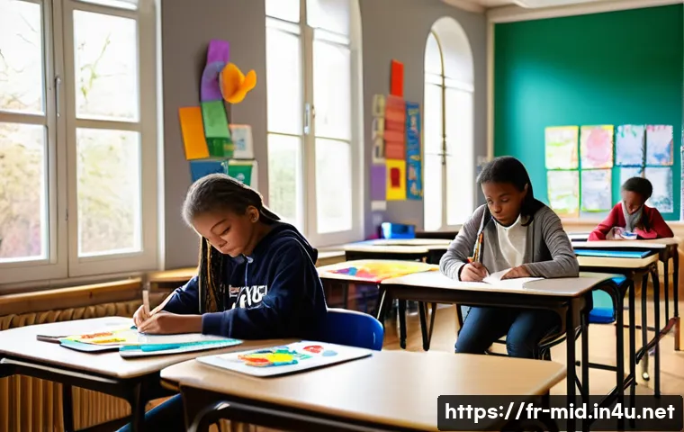 중학교 창의력 향상 프로그램 - A vibrant classroom scene in a modern French middle school, featuring diverse students engaged in cr...