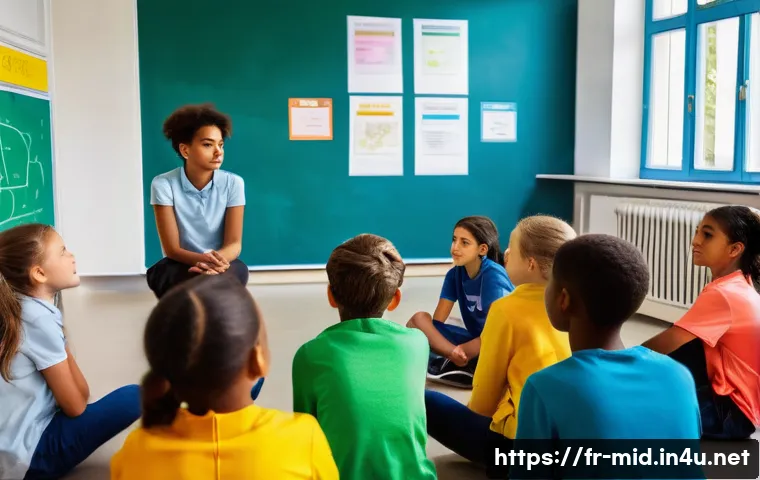중학교 도덕 교육 - A diverse classroom scene showing a group of French middle school students aged 12-14 sitting in a c...