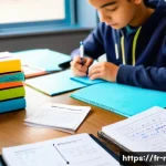 Home 21 중학교 학생 포트폴리오 관리 - A bright and organized study room scene showing a French middle school student’s creative portfolio ...