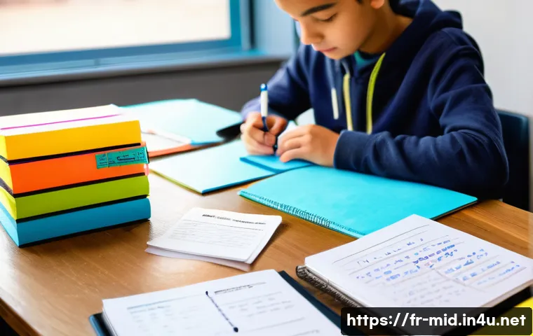 중학교 학생 포트폴리오 관리 - A bright and organized study room scene showing a French middle school student’s creative portfolio ...