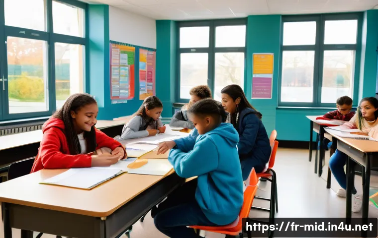 중학교 긍정 심리학 적용 - A bright and welcoming classroom scene in a French middle school, showing diverse students aged arou...