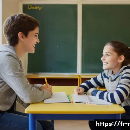 Home 31 중학교 학급 운영 전략 - A modern French middle school classroom scene showing diverse students actively participating in a s...