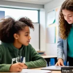 Home 23 중학교 교육 정책 변화 - A bright, modern French middle school classroom scene showing diverse students actively engaged in a...