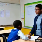 중학교 필수 과목 - A bright and modern French middle school classroom scene where diverse students are actively engaged...