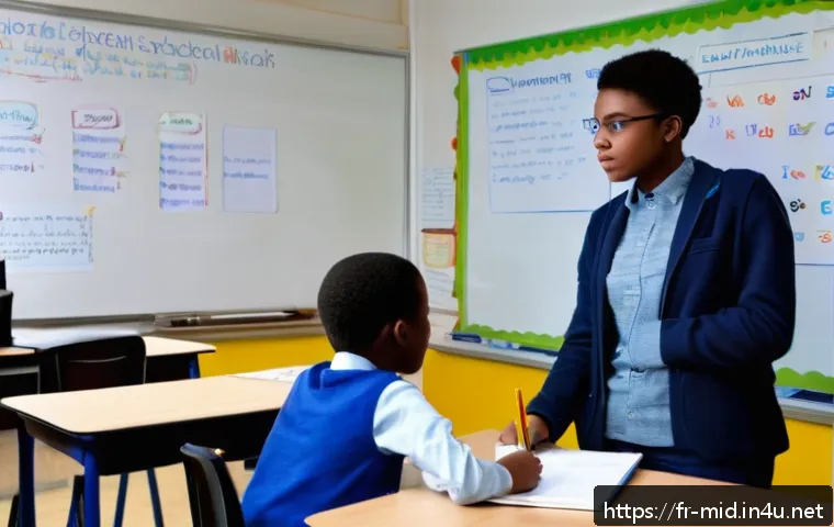 중학교 필수 과목 - A bright and modern French middle school classroom scene where diverse students are actively engaged...