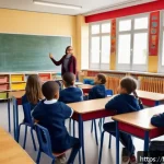 중학교 학급 분위기 조성법 - A warm, welcoming classroom scene in a French primary school setting: a diverse group of children ag...
