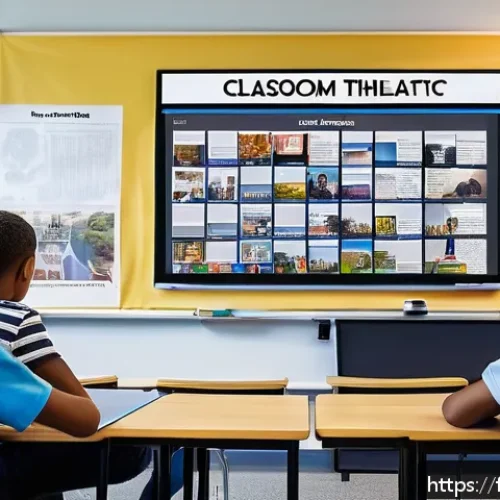 중학교 미디어 리터러시 교육 - A modern classroom scene in a French middle school where diverse students aged around 12-14 are enga...