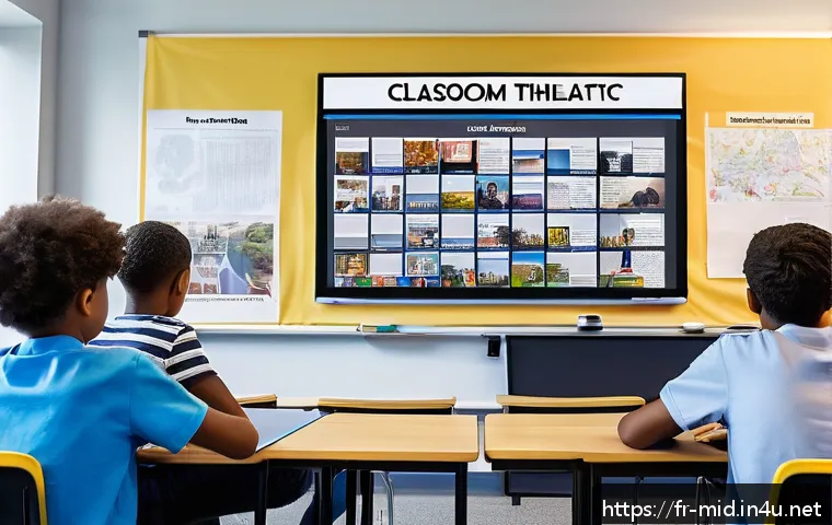 중학교 미디어 리터러시 교육 - A modern classroom scene in a French middle school where diverse students aged around 12-14 are enga...