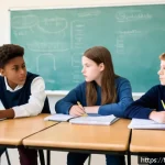 중학교 교과별 핵심 역량 - A diverse group of middle school students actively engaged in a classroom debate, sitting around a t...