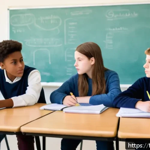 중학교 교과별 핵심 역량 - A diverse group of middle school students actively engaged in a classroom debate, sitting around a t...