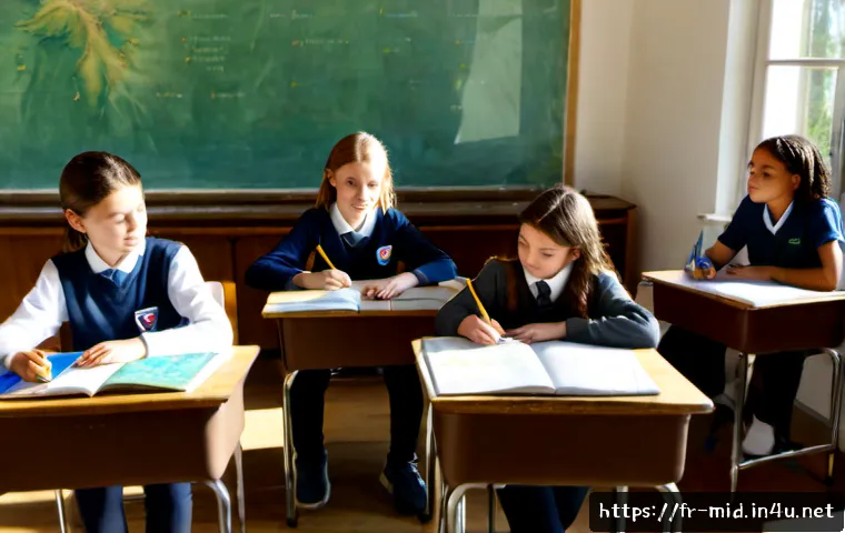 중학교 과목별 성취 기준 - Photorealistic French middle school classroom, diverse students around age 12–14 collaborating at se...
