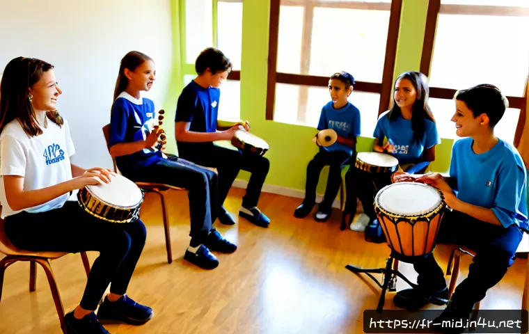 중학교 음악 수업 활동 - Photorealistic French middle school music class, diverse students aged 11–14 seated in a bright mode...